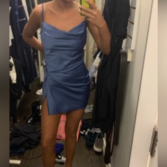 Cutest mini blue satin dress! The way it lays on the body is so flattering - Picture 2 of 2